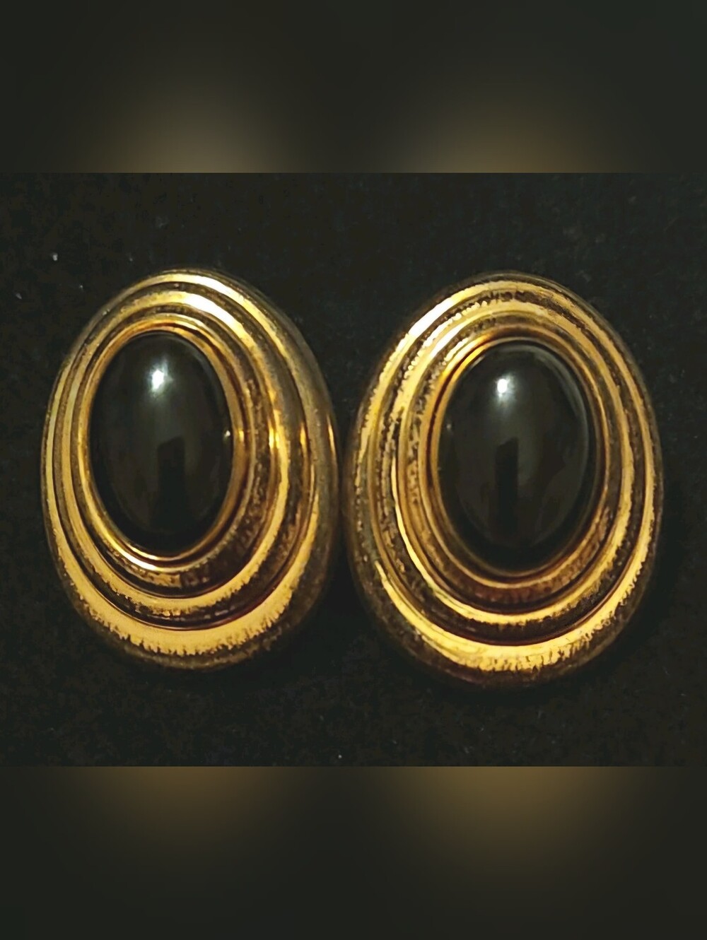 Vintage 80s CARLA CORP 14K GF Gold Filled Oval Onyx Earrings